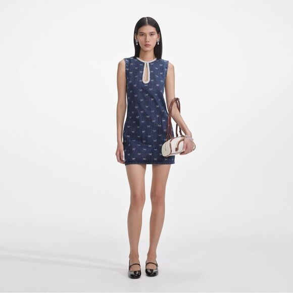 NWOT Self-Portrait DENIM DIAMANTE BOW MINI DRESS, size US4 - Picture 1 of 16